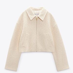 Zara Textured Weave Bomber Jacket Ecru/Cream | Size L